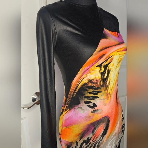 Faux Leather one Sleeve fitted dress - Picture 3 of 3